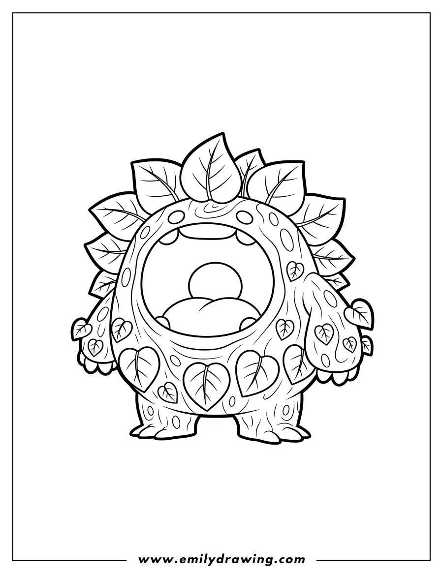 Coloring page for kids: easy Entbrat with a wide open mouth and covered in leaves, for preschoolers