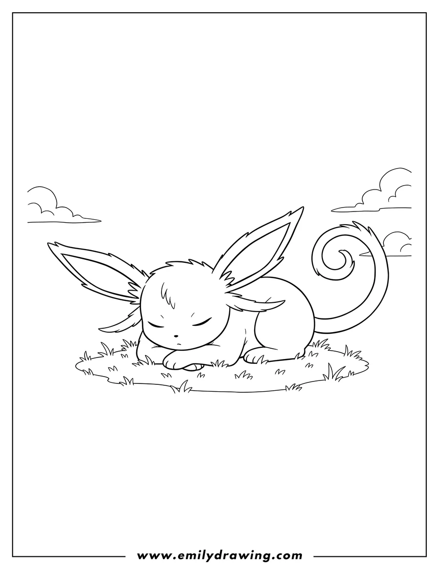 Black and white line art of easy Espeon with large ears, sleeping on grass with front paws crossed and a long, curly tail