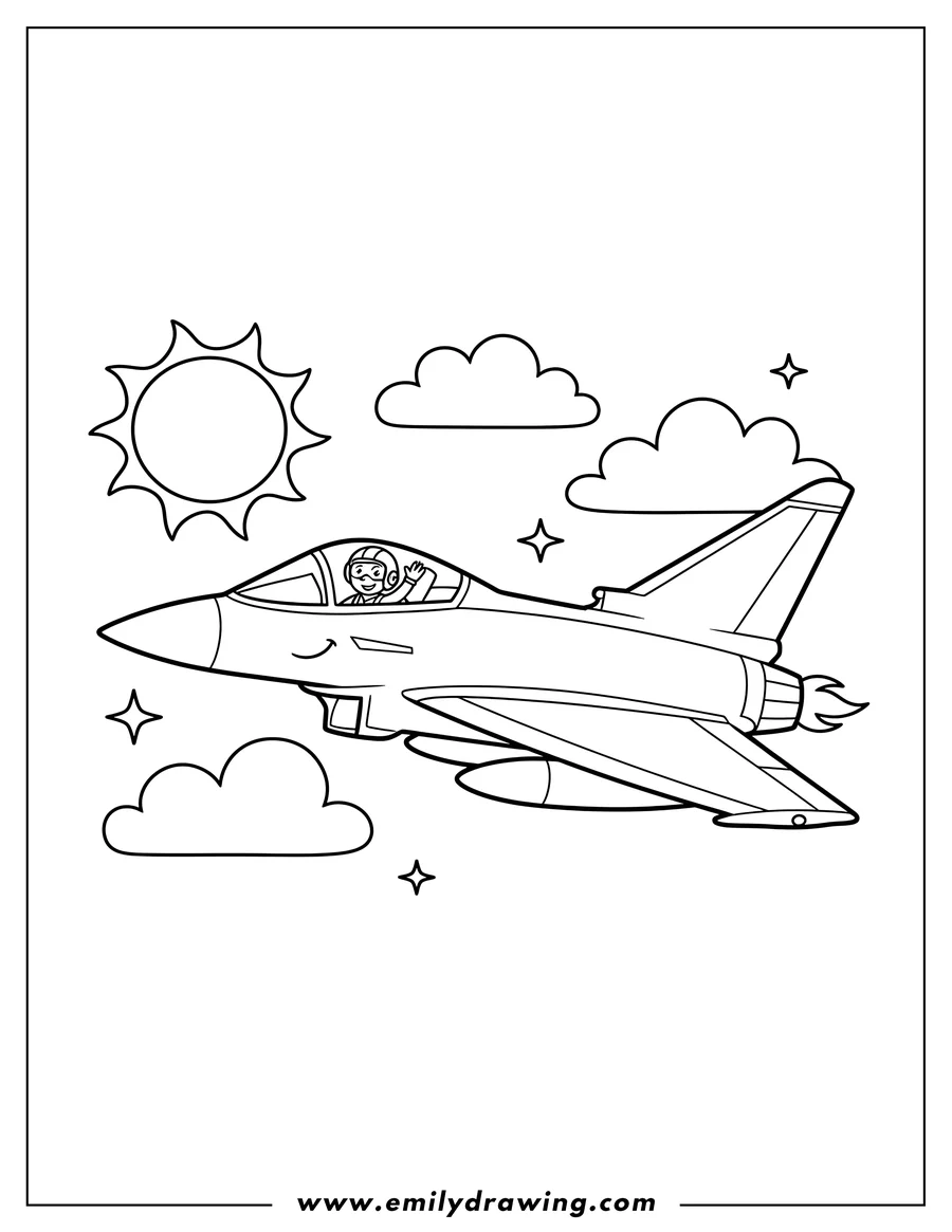 Black and white line art of easy Eurofighter Typhoon Jet flying with a pilot for preschoolers