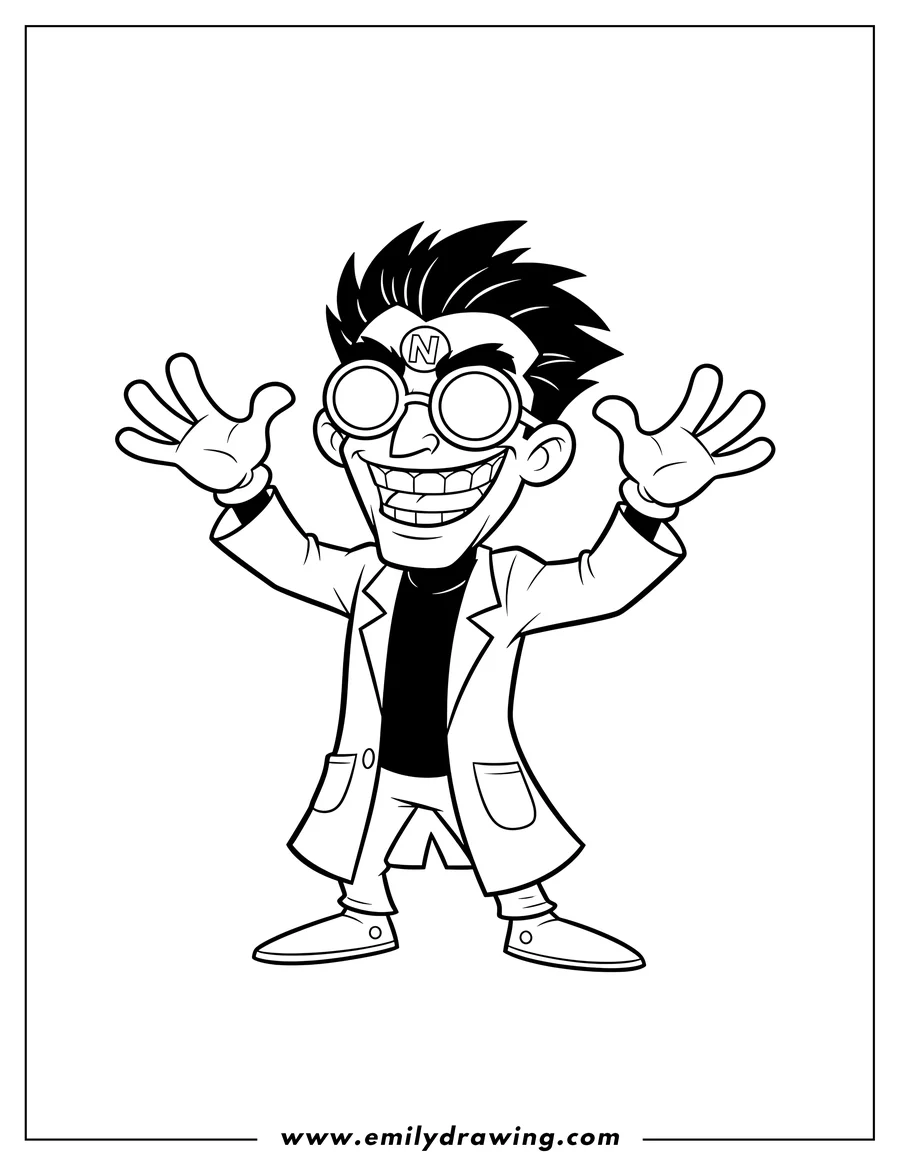 Free printable coloring sheet of easy Evil Doctor Neo Cortex, maniacally laughing with hands raised