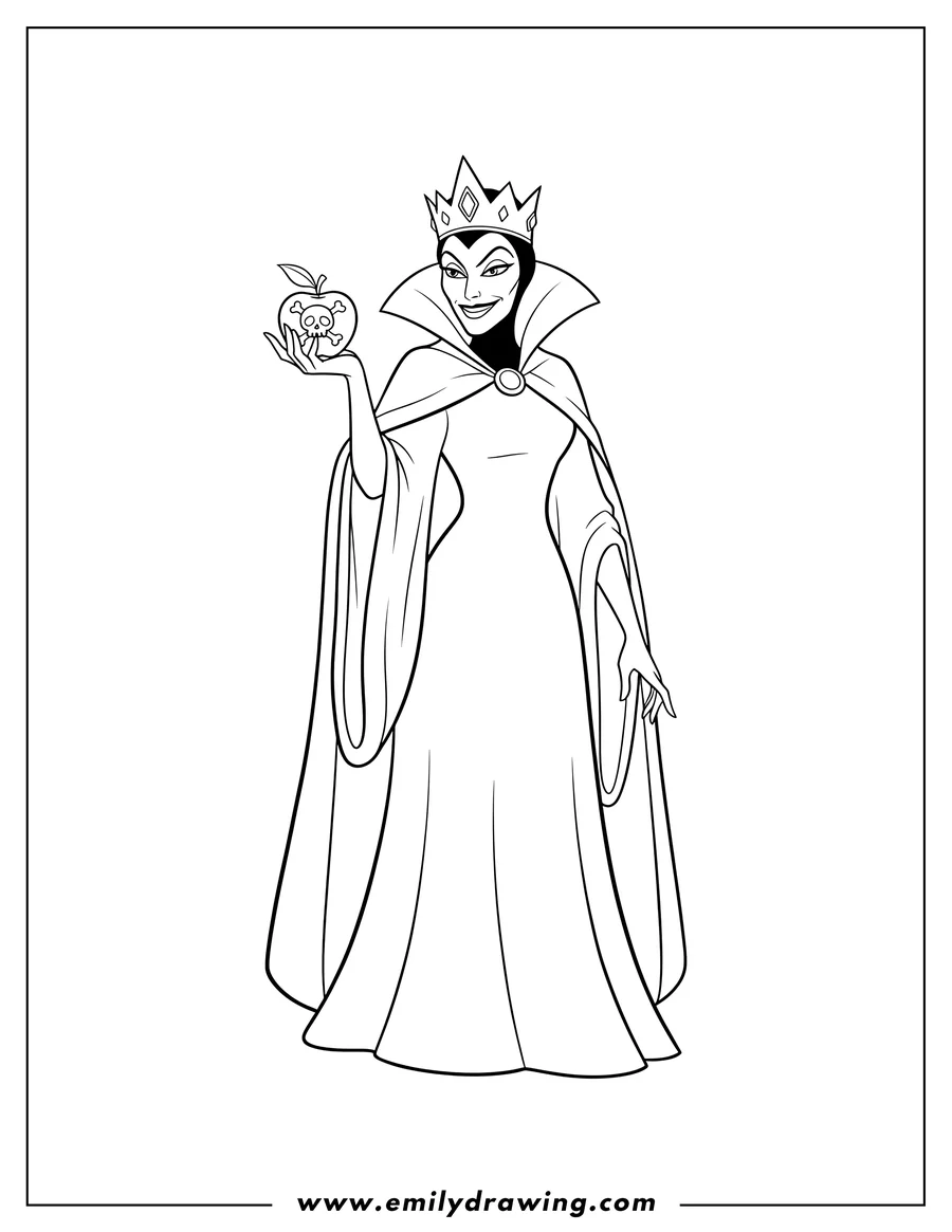 Free to print drawing of evil Queen with her crown and high-collared cape, holding up a poisoned apple