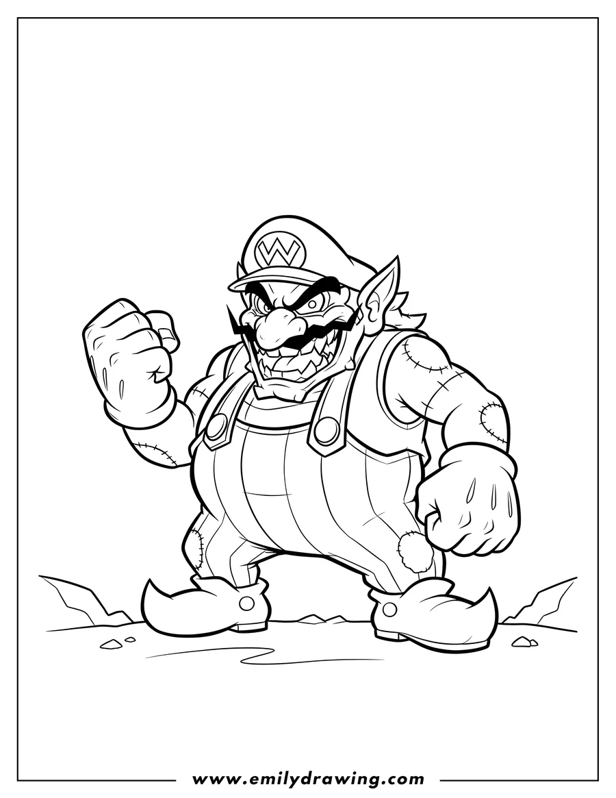 Downloadable coloring page of evil Wario grimacing with clenched fist Nintendo