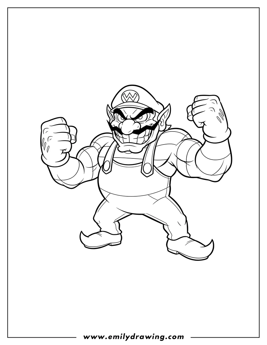 Downloadable coloring page of evil Wario with a menacing grin, flexing and showing his fist