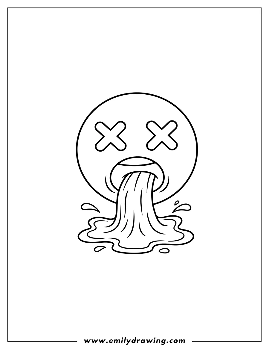 Printable coloring page of easy Face Vomiting Emoji with X-shaped eyes