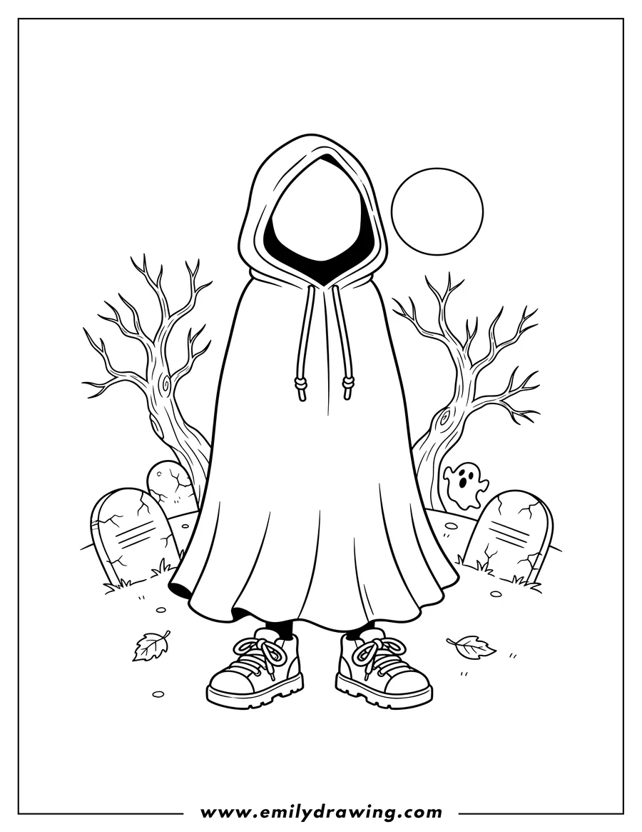 Printable coloring page of faceless Reaper wearing a hooded cloak with drawstrings and a flowing bottom, and sneakers, standing in a haunted graveyard