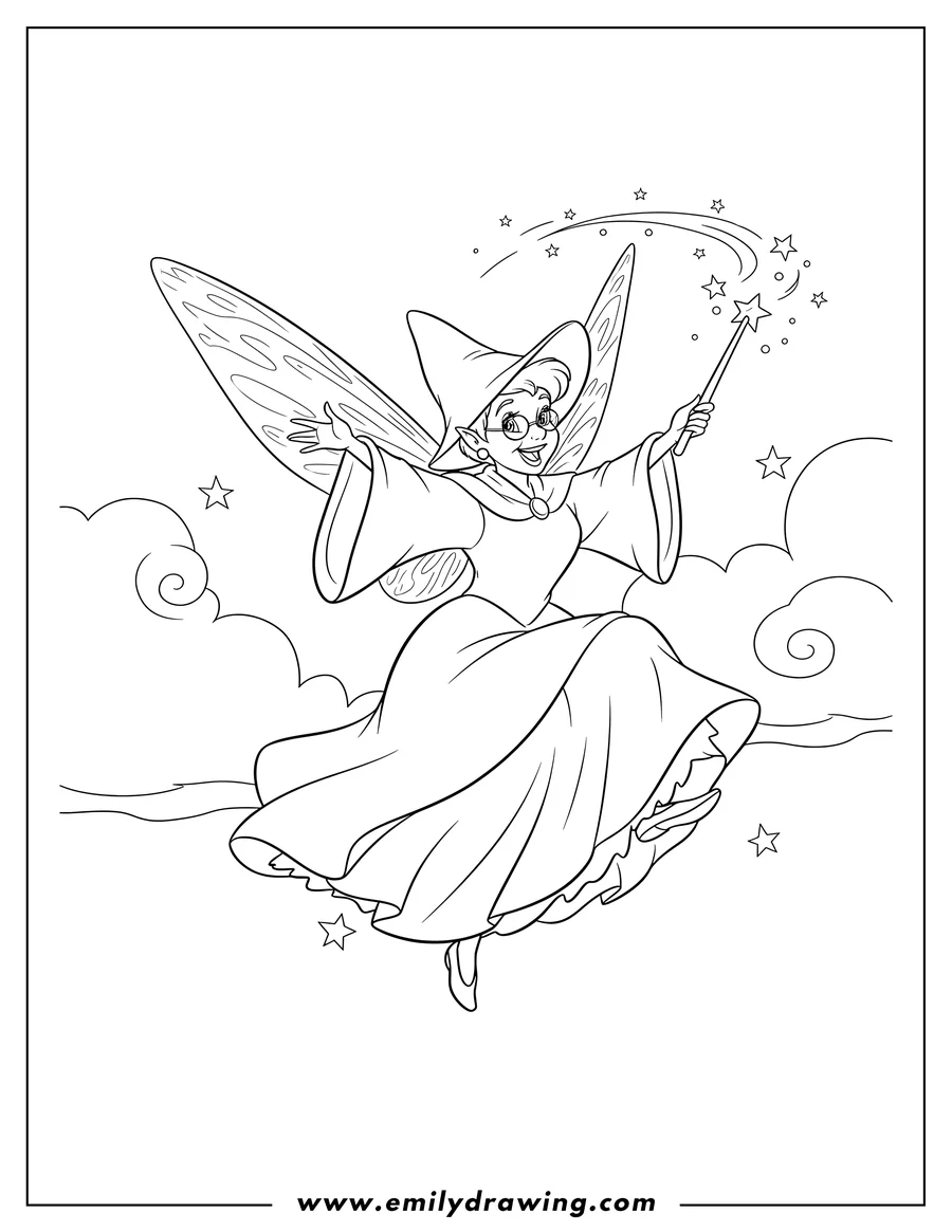 Coloring page for kids: fairy Godmother Merryweather flying and holding a magic wand