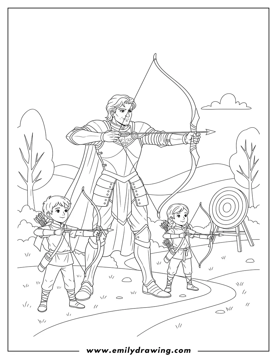 Linear illustration of fantasy Knight And Young Archers Practicing Together Outdoors, Knight Aiming Bow And Arrow, Kids Smiling