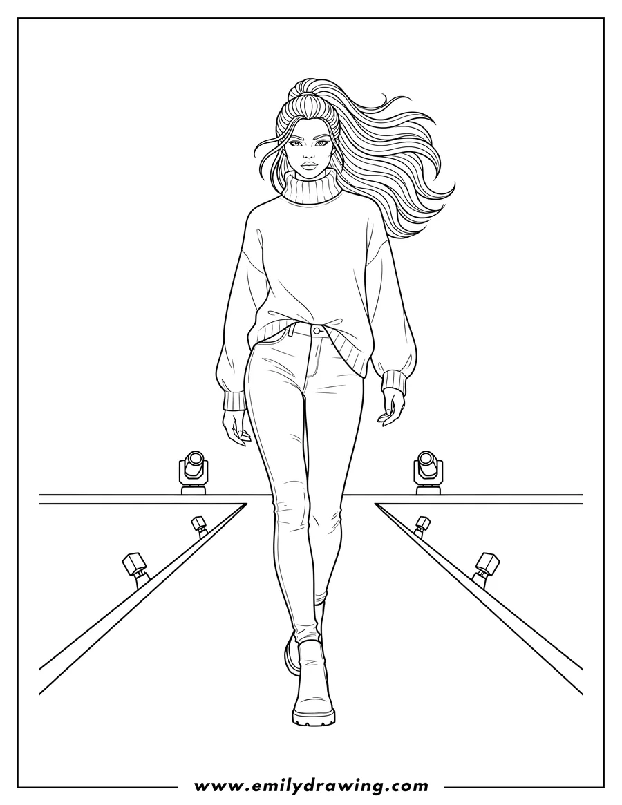 Simple sketch of fashion Model Walking Down Runway with a ponytail, wearing a turtleneck and jeans to color