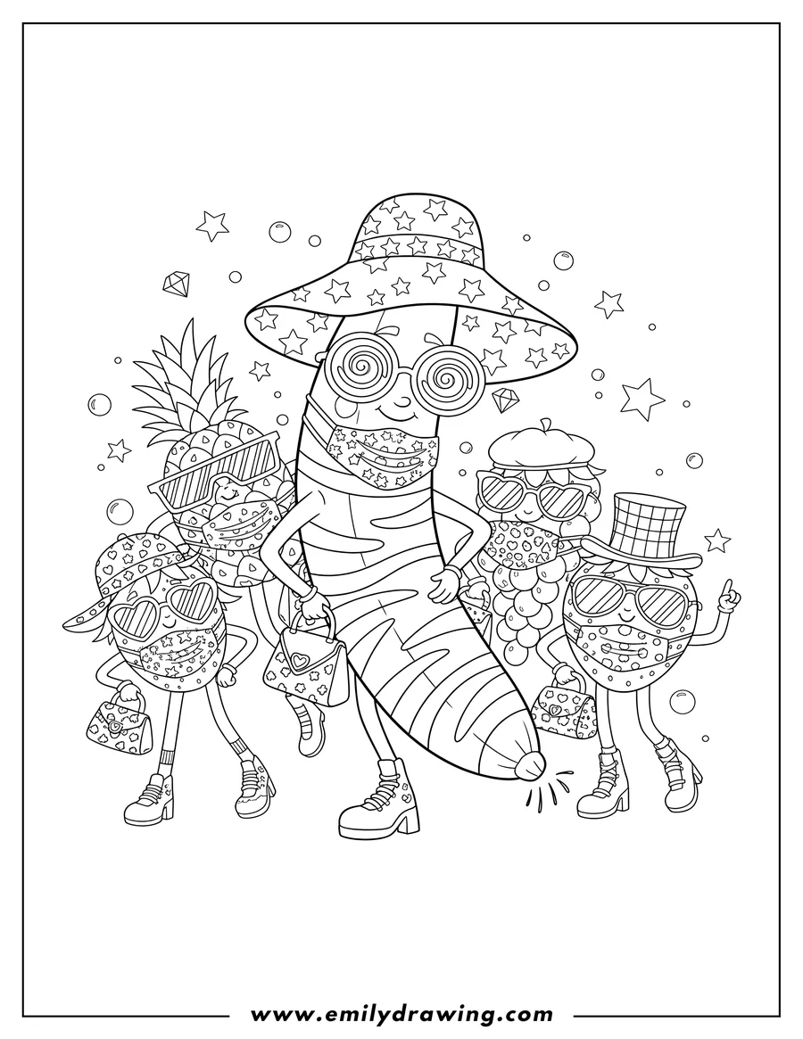 High quality printable lisa Frank Fashionista Fruits wearing hats, sunglasses, and masks, with a banana wearing a zebra-striped peel for coloring