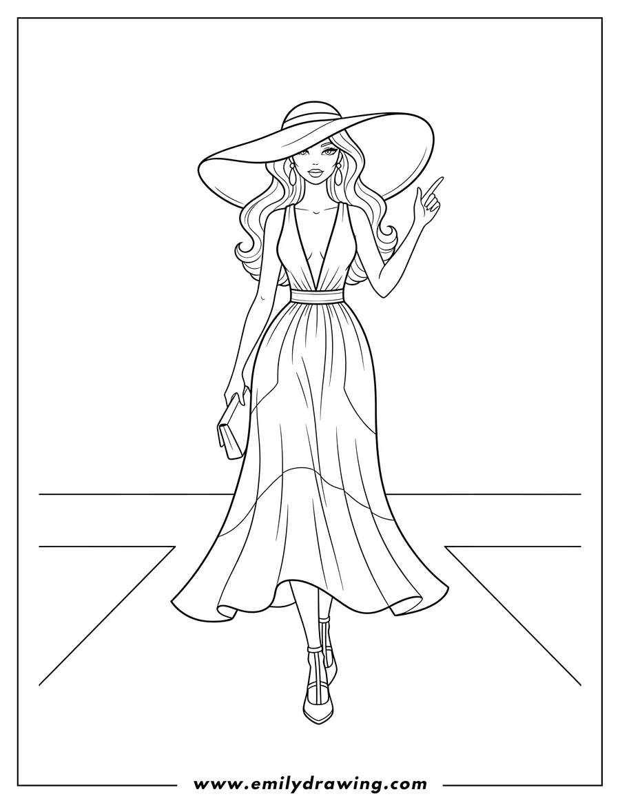 Outline drawing of fashionista Large Hat Plunging Neckline Dress And Heels, holding a clutch, pointing finger