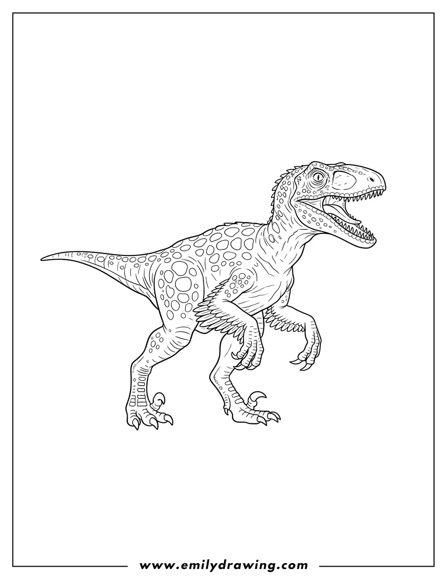 Free to print drawing of easy Feathered Velociraptor Dinosaur Scaled, walking with mouth open, with arm feathers