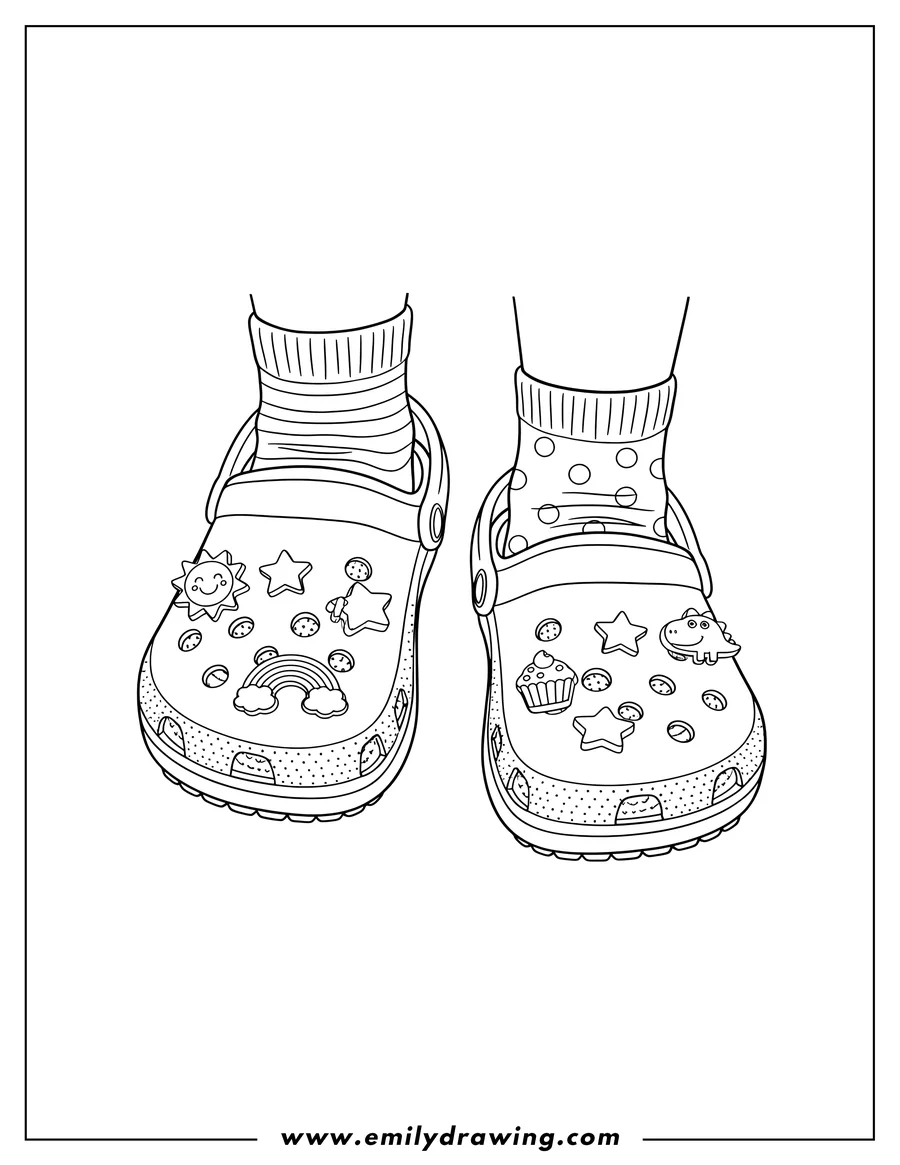Vector style outline of feet wearing simple decorated Crocs with socks