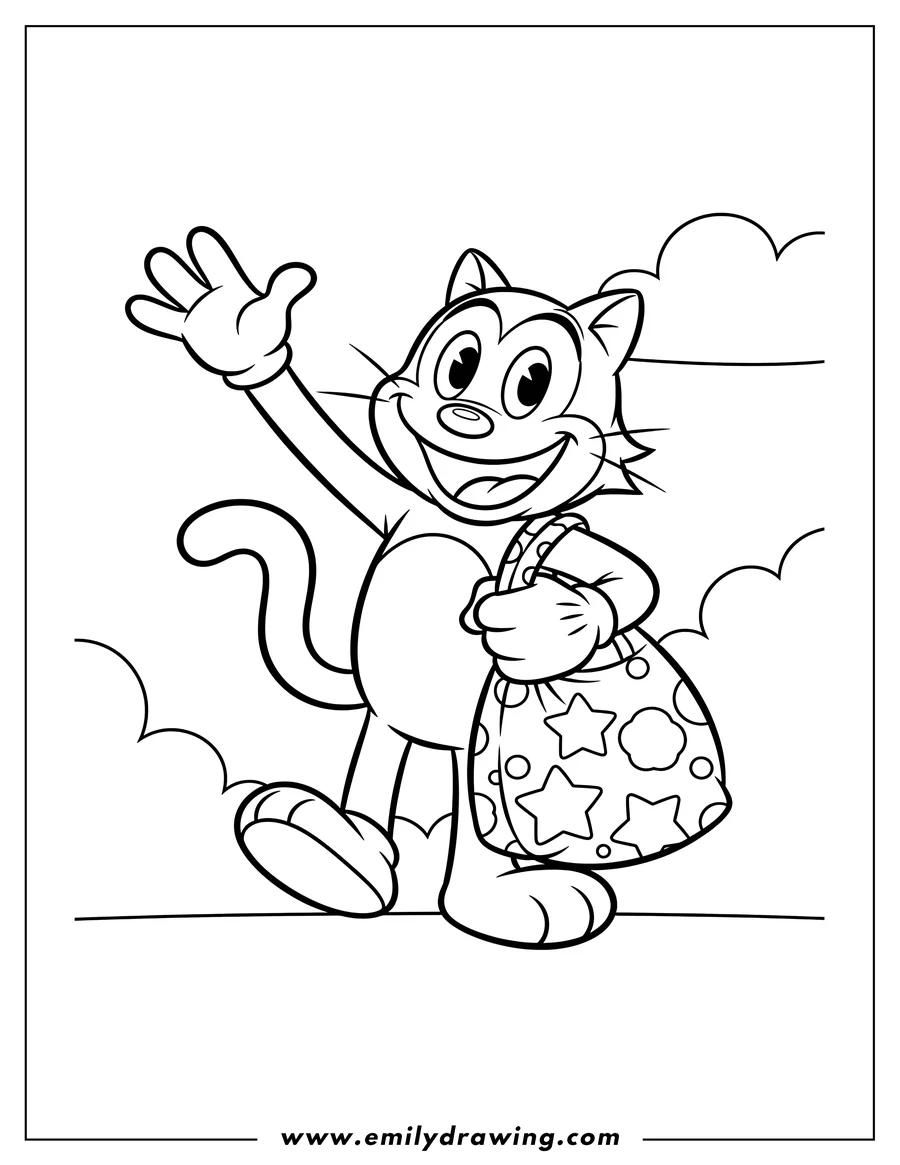 Black and white line art of felix Cat smiling widely and waving, carrying a patterned bag, for preschoolers
