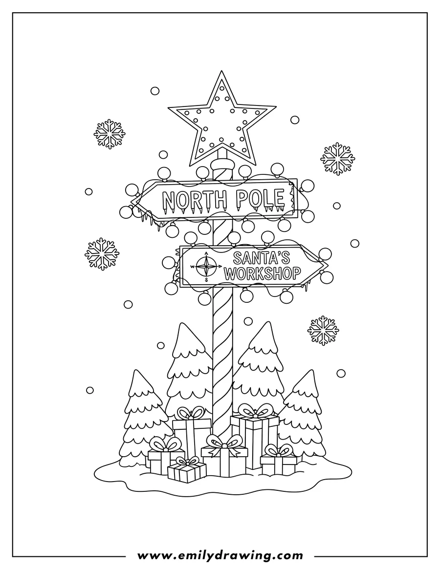 Printable coloring page of festive North Pole sign with Christmas lights and a star on top, on a striped pole, with presents and snowy trees around it