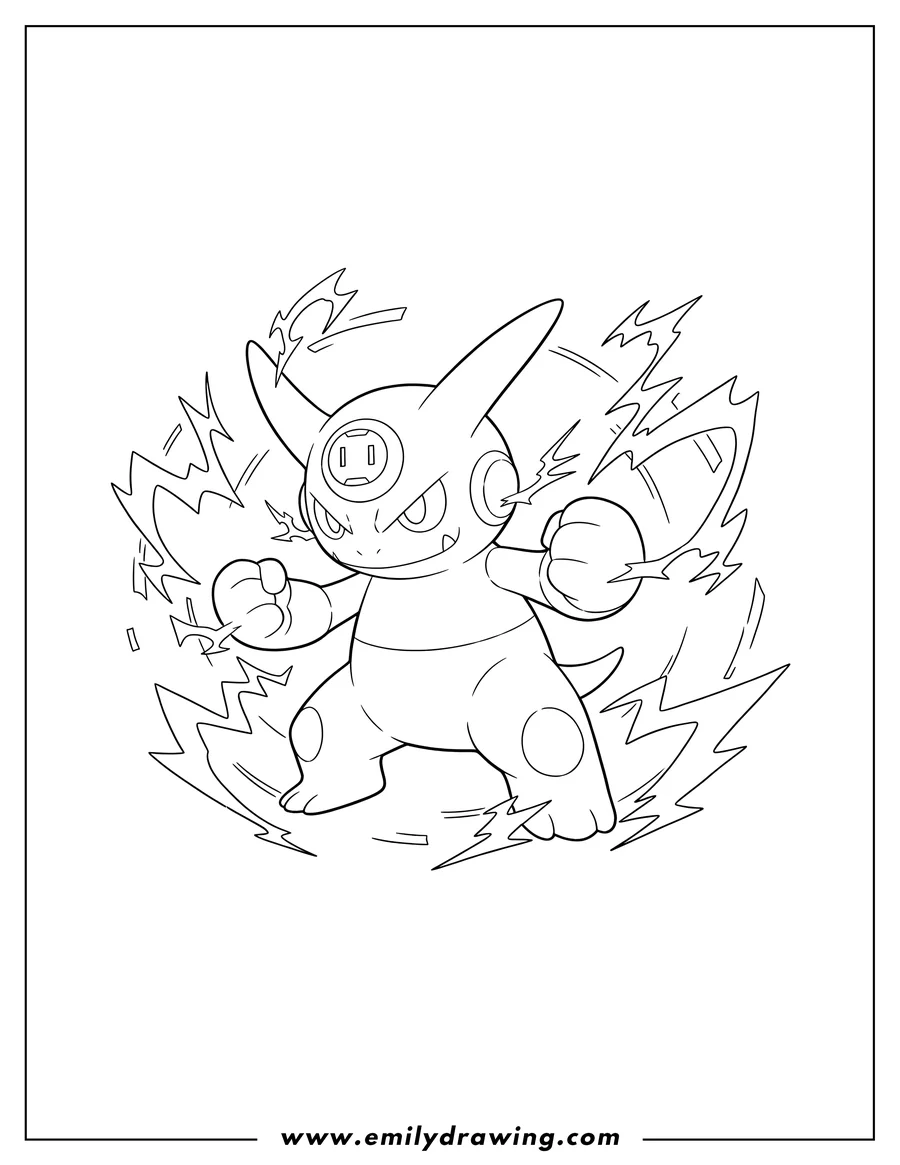 PDF style coloring page: fierce Elekid Pokemon with lightning bolts