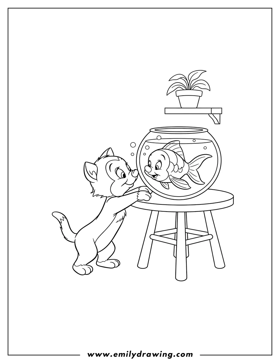 Clean line drawing: easy Figaro and Cleo nose to nose, with Figaro reaching into a fishbowl