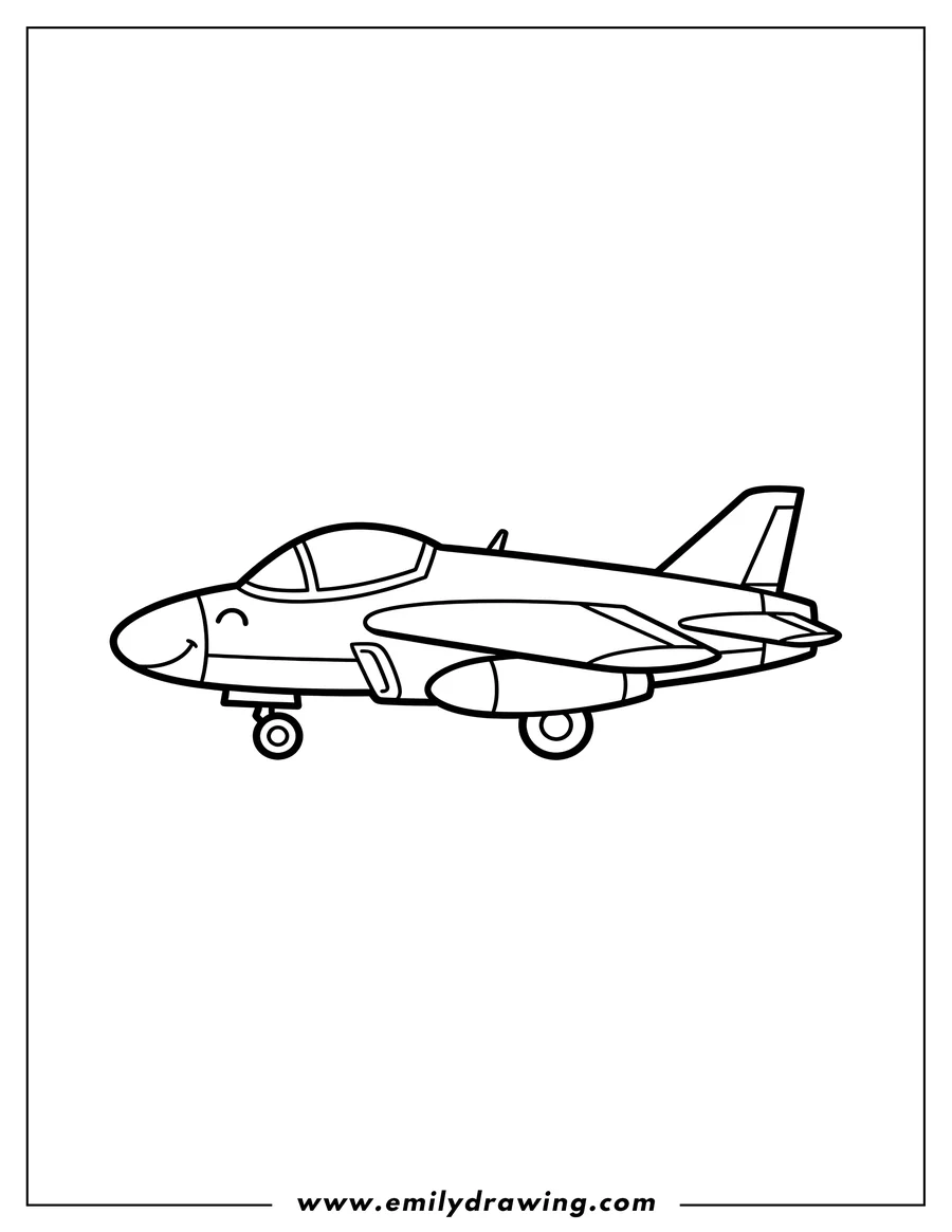 Linear illustration of easy Fighter Jet Outline, side view, for Preschoolers