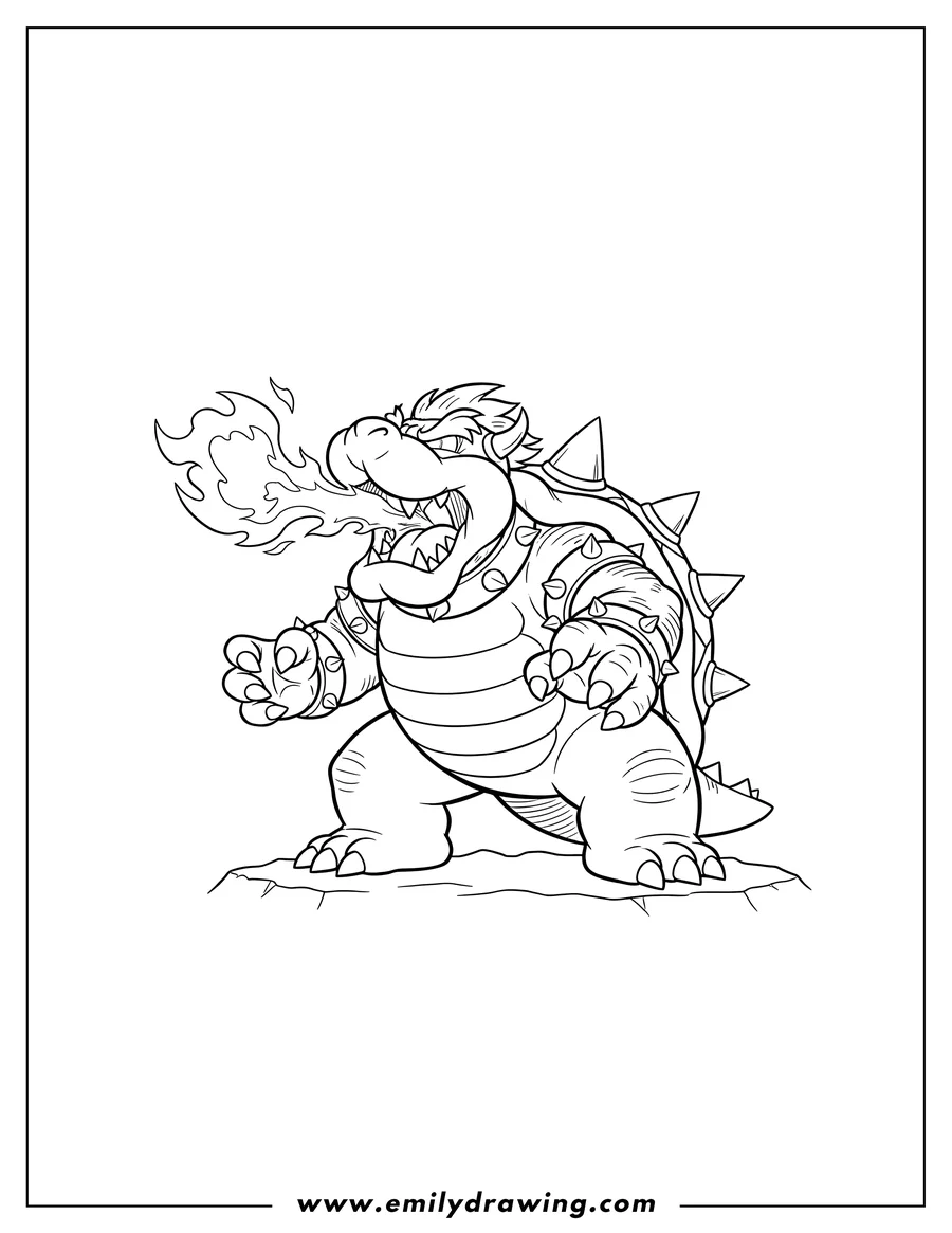 Clean line drawing: fire Breathing Bowser roaring To Color