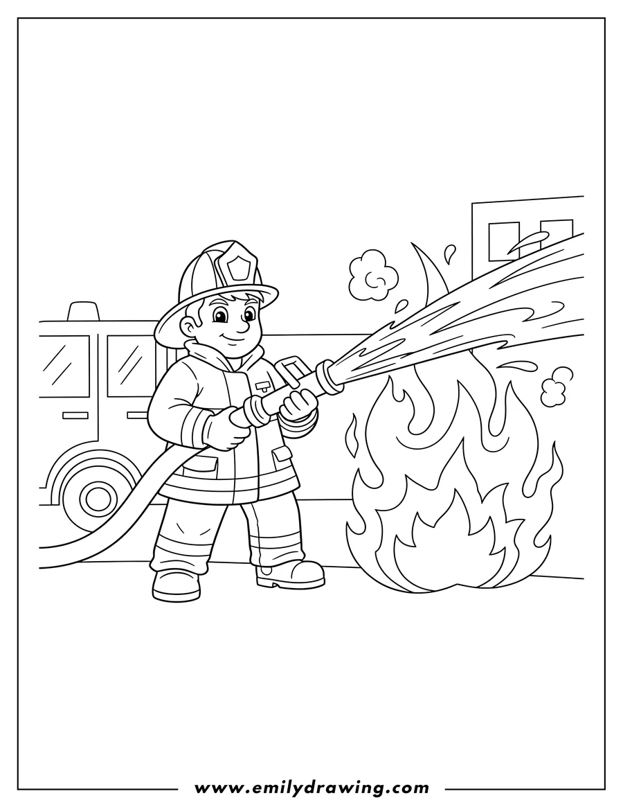 Downloadable coloring page of firefighter Putting Out Fire, holding a hose, spraying water