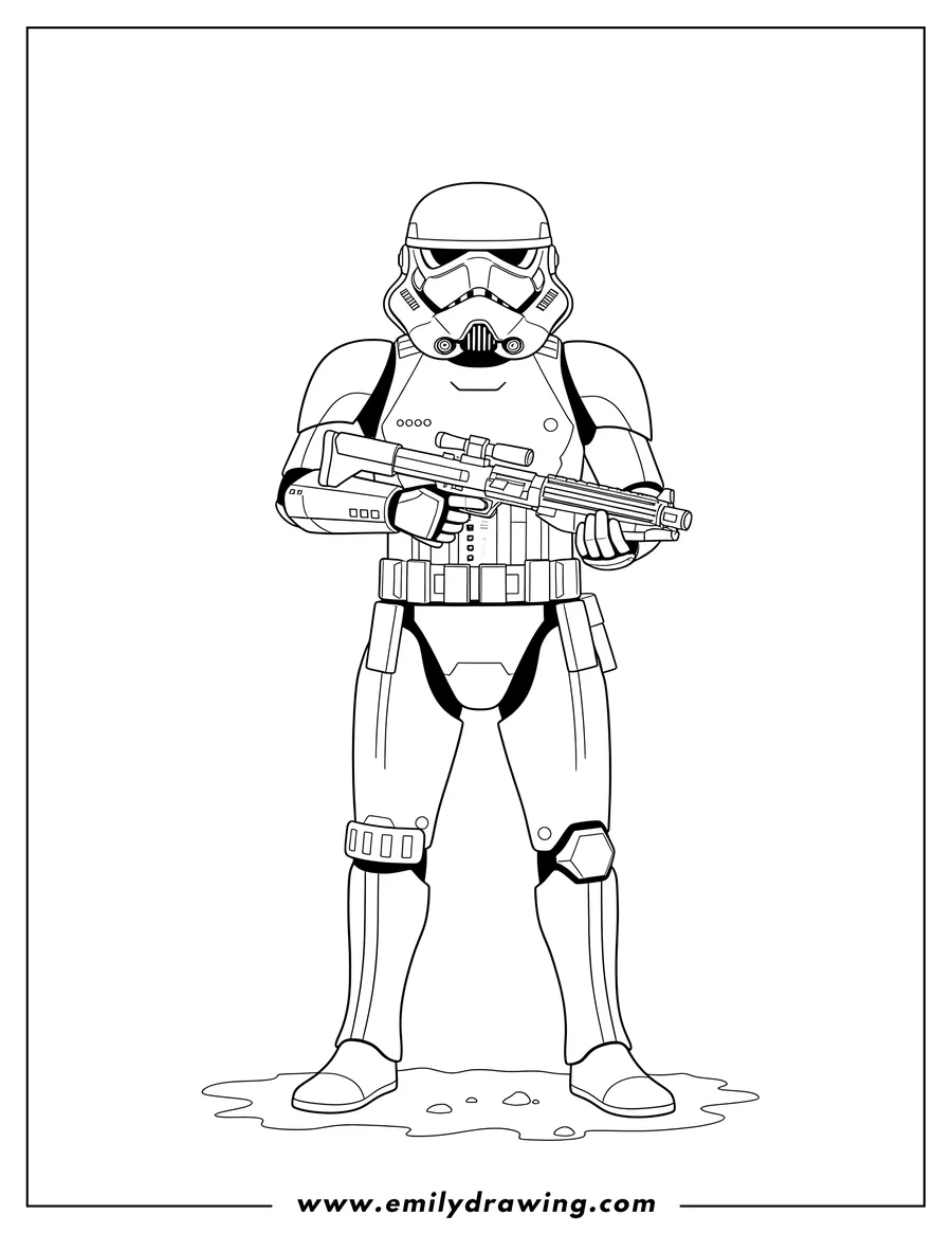 PDF style coloring page: first Order Elite Stormtrooper standing and holding a blaster rifle