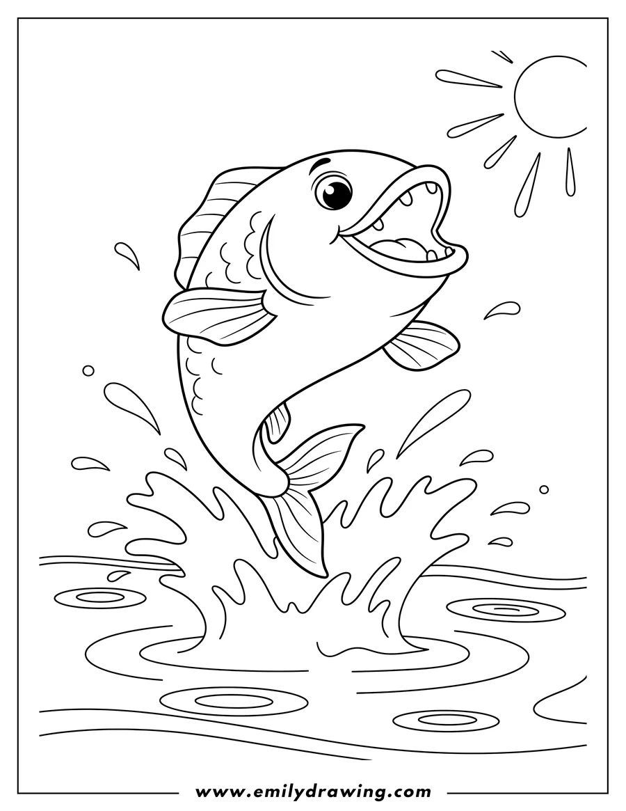Doodle style coloring picture of fish jumping out of water, mouth open, splashing