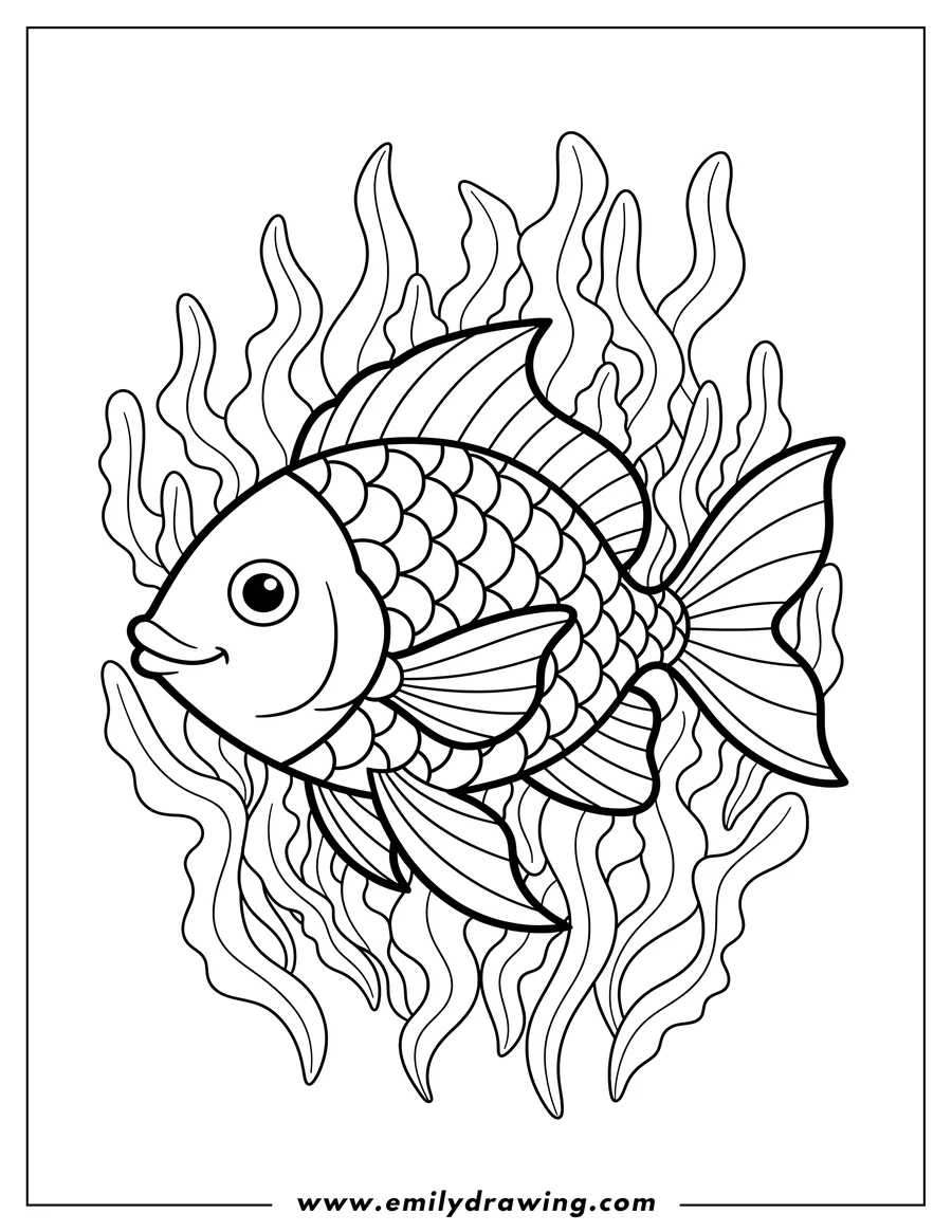 Free printable coloring sheet of fish Swimming Through Seaweed Mosaic, featuring a rounded body, prominent fins, and swimming horizontally
