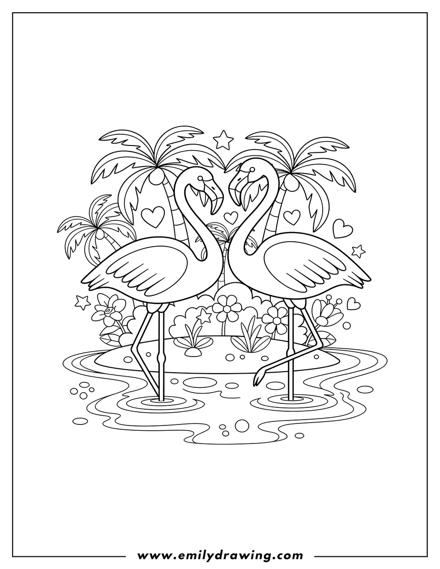 Clean line drawing: simple Lisa Frank Flamingos On Island, two flamingos wading