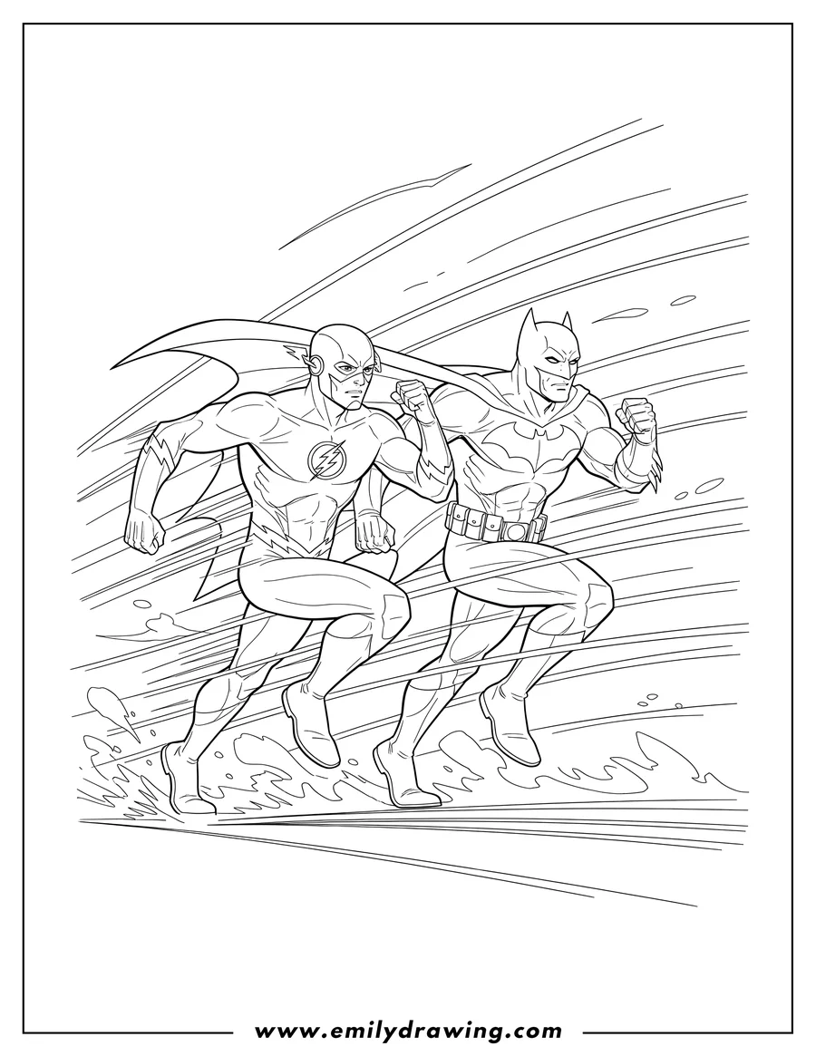 PDF style coloring page: flash and Batman running with speed lines