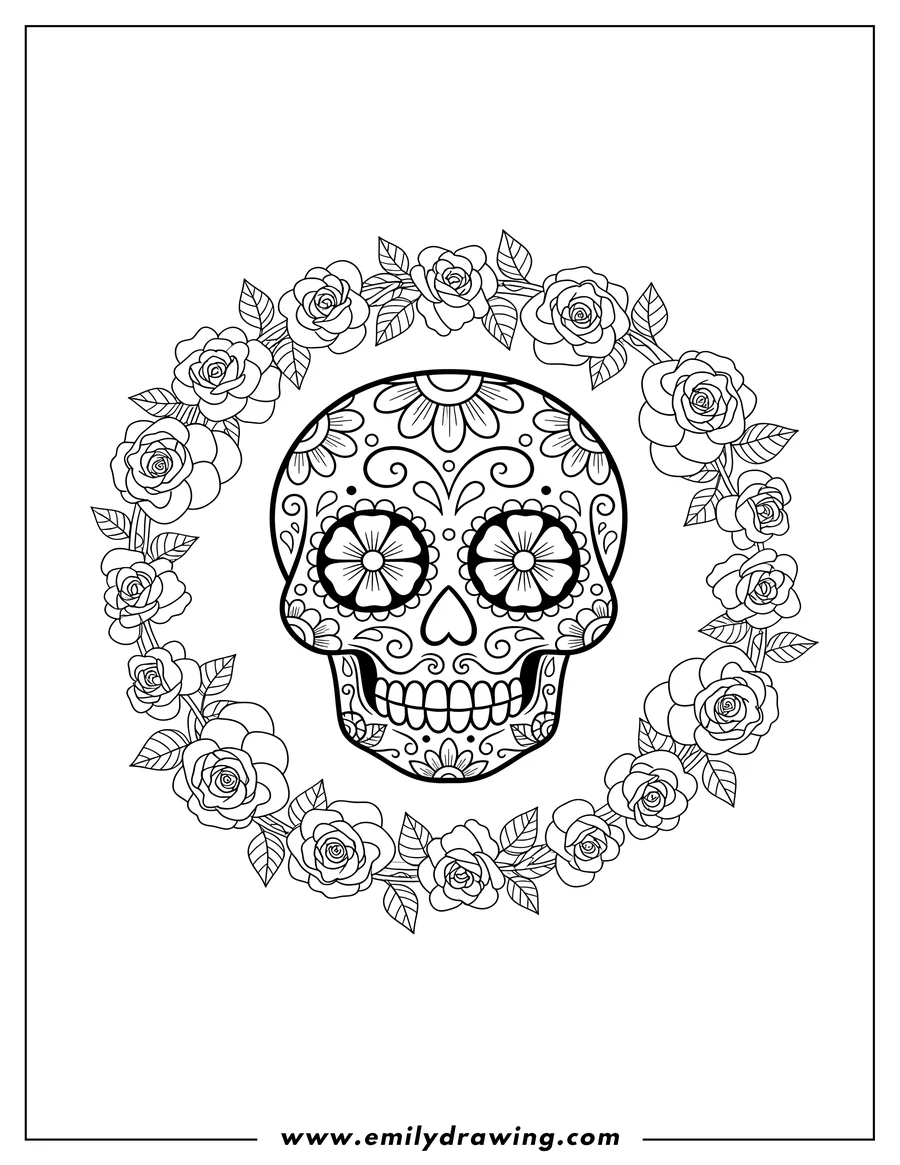 Outline drawing of floral-patterned sugar skull inside a rose wreath