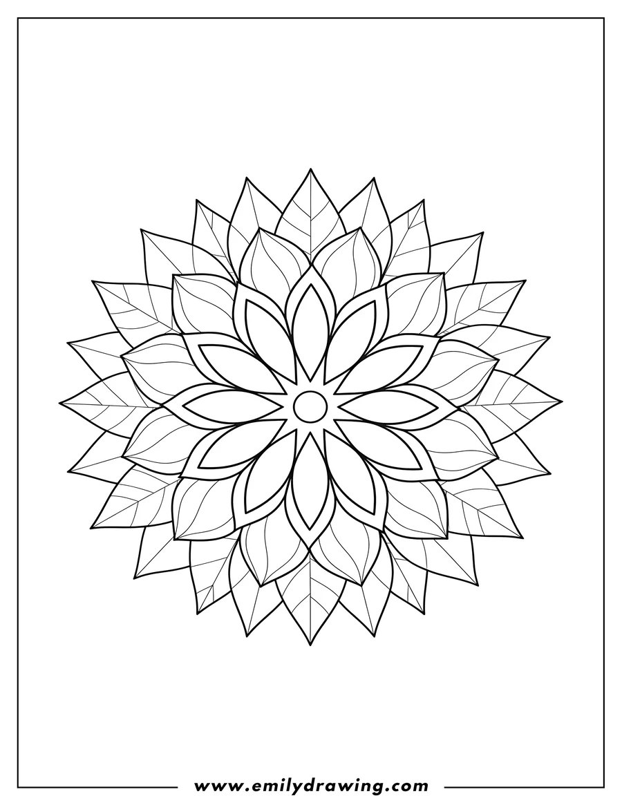 High quality printable easy Flower Mandala With Pointed Petals, a black and white outline coloring page with a circular and symmetrical design for coloring