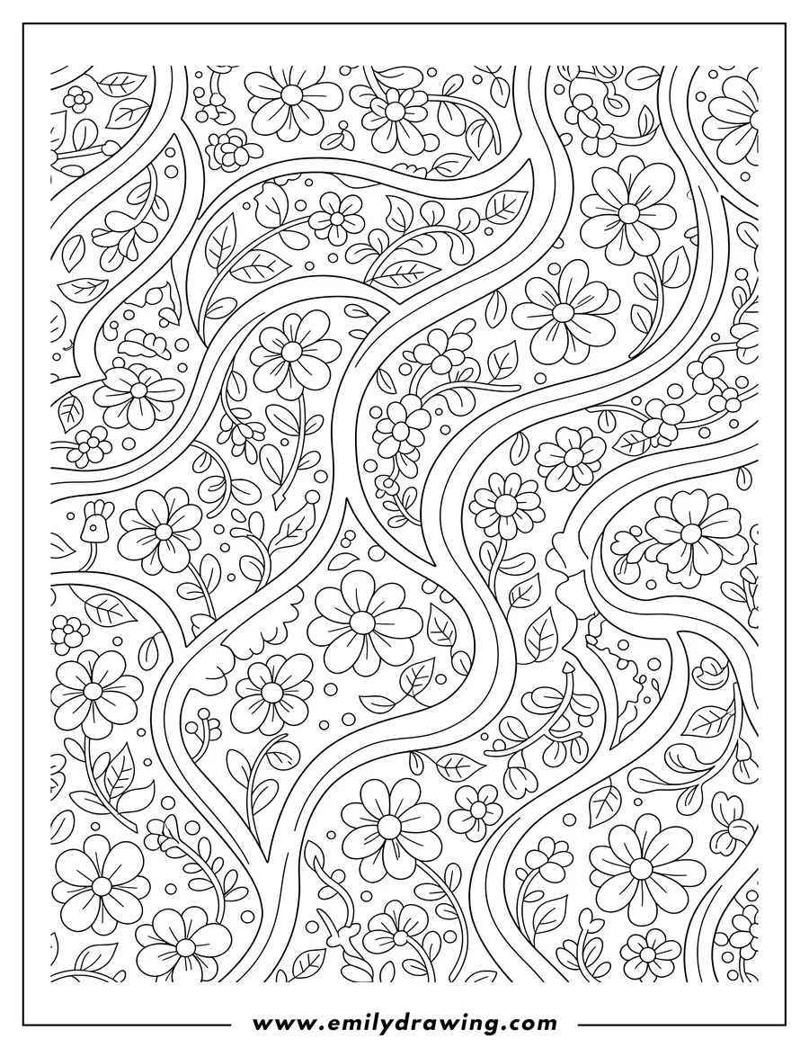 Clean line drawing: easy Flowing Floral Pattern with wavy lines and simple flowers