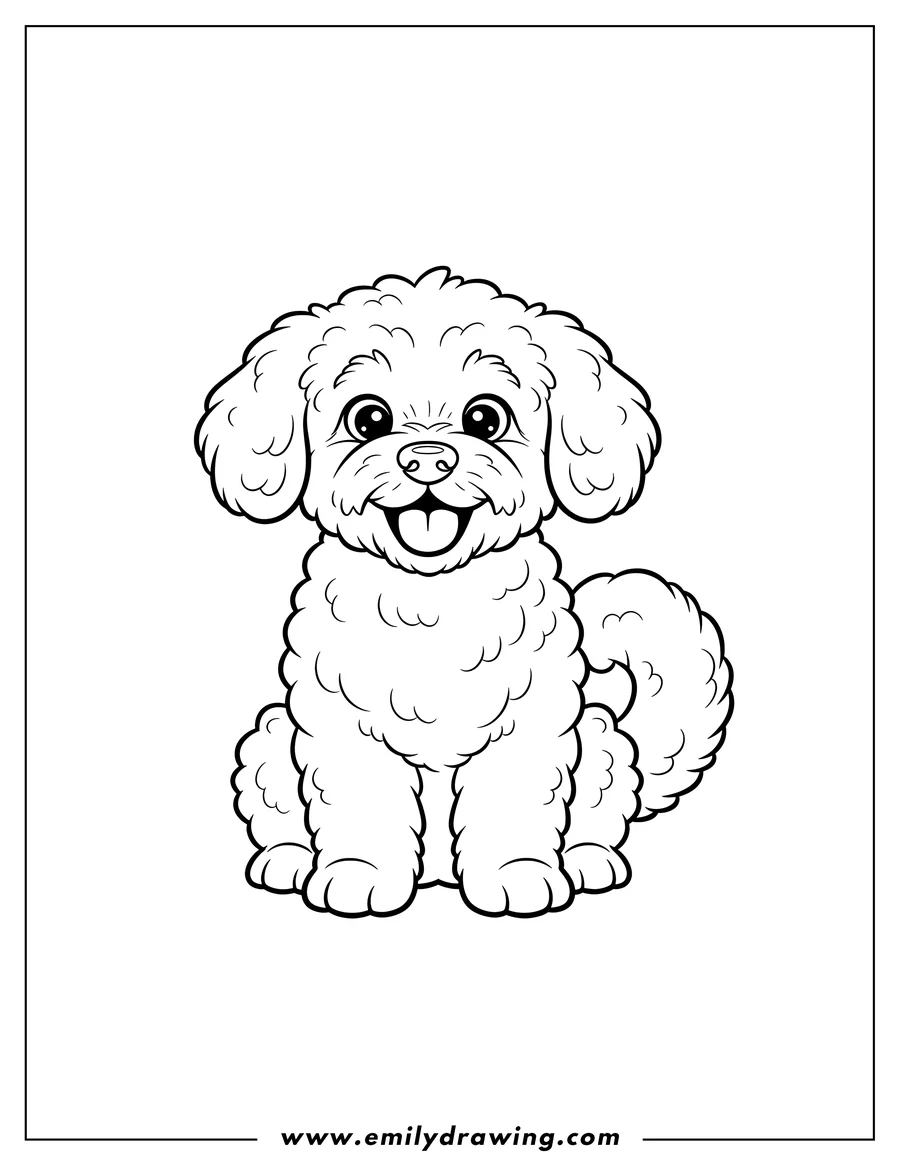 Coloring page for kids: easy fluffy dog sitting and smiling