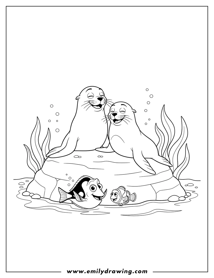 Linear illustration of finding Dory Fluke And Rudder relaxing on a rock with Dory and a fish in the water