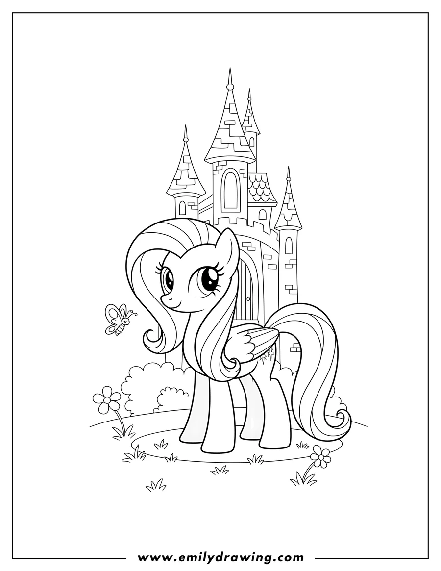 Vector style outline of fluttershy standing gently smiling outside a castle