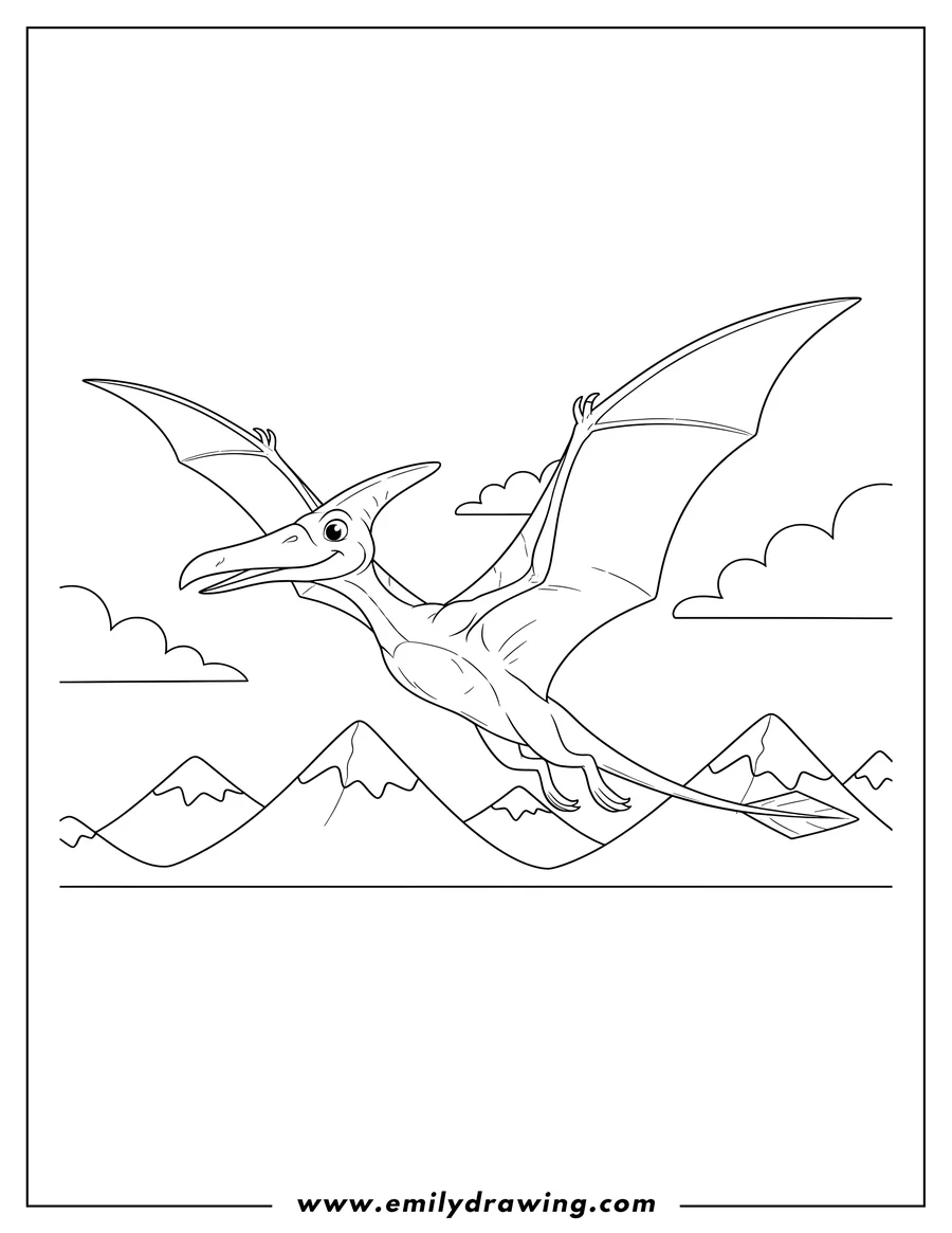 Outline drawing of flying Pterodactyl with Sharp Beak and Spread Wings