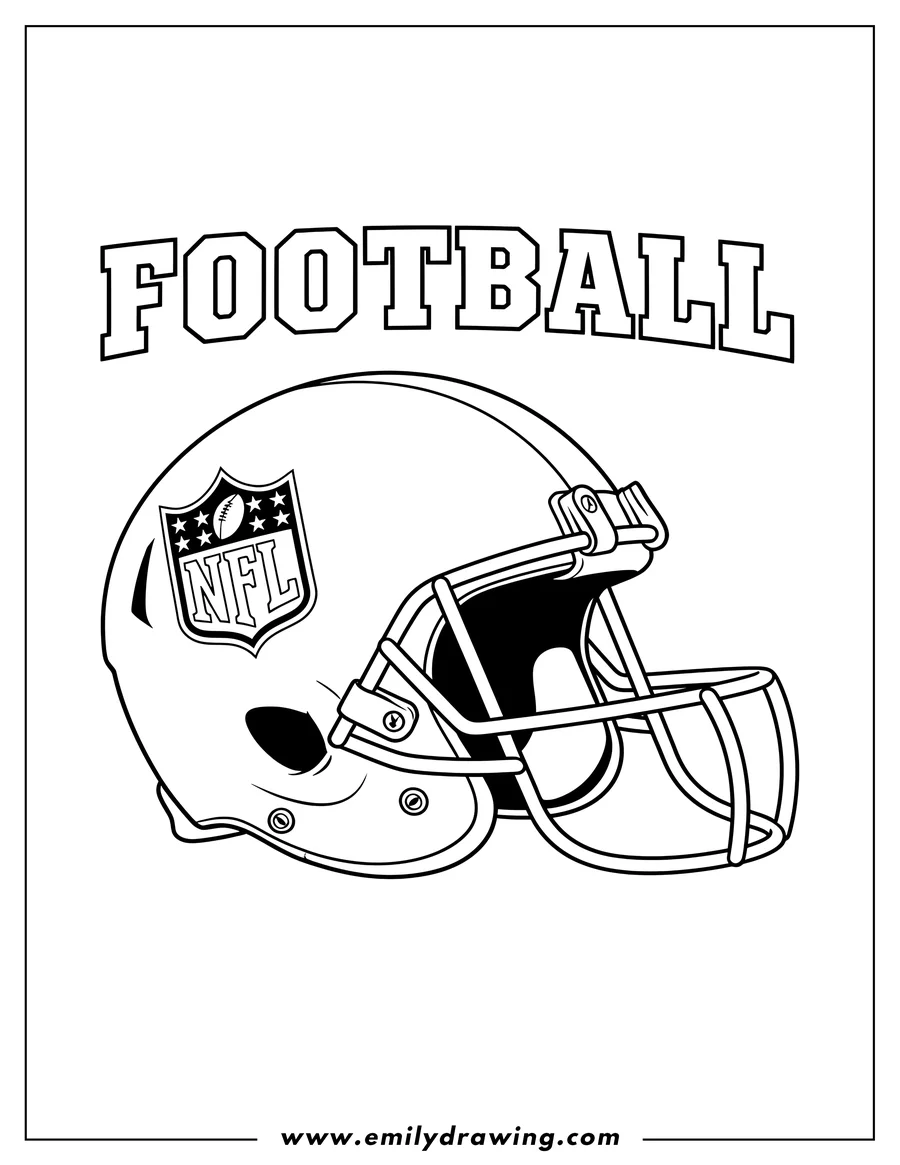 Black and white line art of football Helmet with 'FOOTBALL' text at the top and an NFL logo on the side, to color