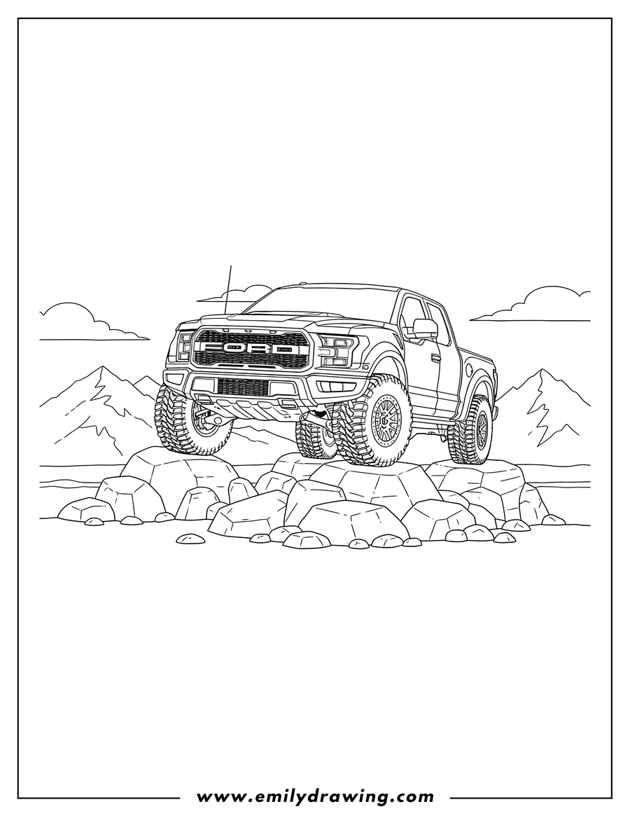 Simple sketch of ford Raptor driving on rocky terrain with a front wheel lifted to color