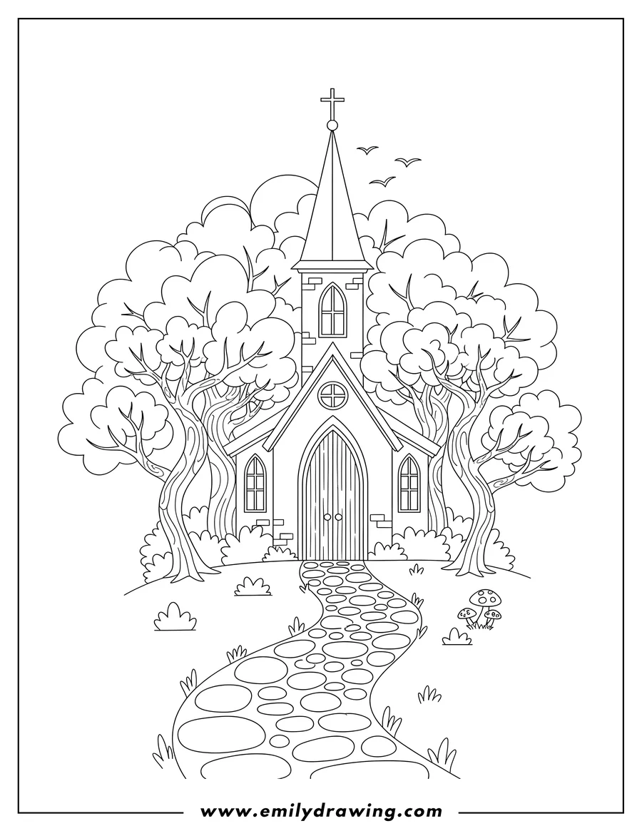 Vector style outline of forest Church with a Steeple and Arched Door, hidden among trees with a stone path