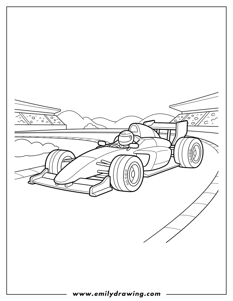 Free printable coloring sheet of easy Formula 1 Race Car To Color Scaled on a race track with an open cockpit