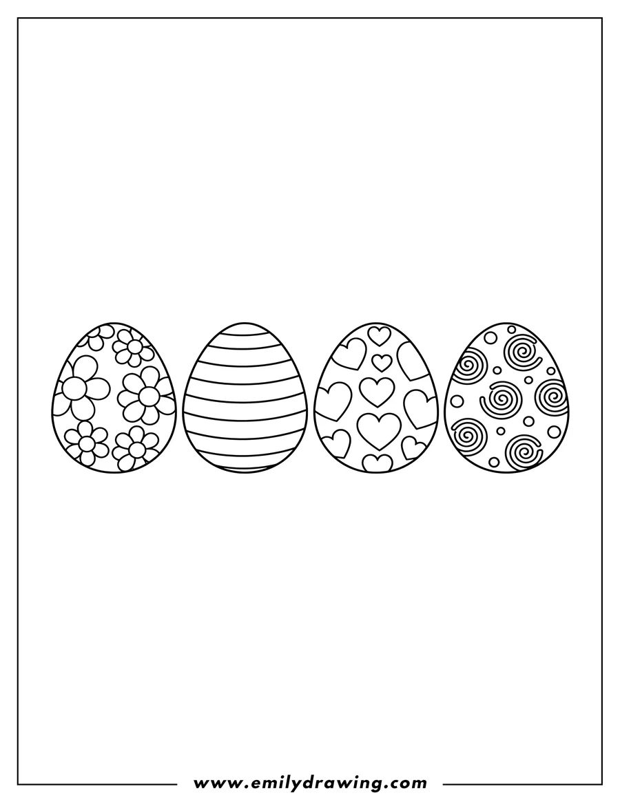 Downloadable coloring page of four outlined Easter eggs with flower, stripe, and heart patterns, for preschoolers