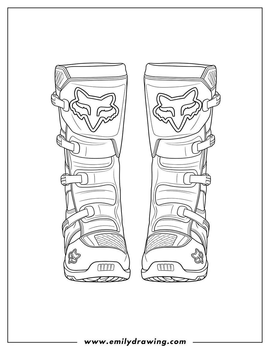 Free to print drawing of **[Scene]**: Pair of Fox Instinct Boots with Fox head logo and buckles