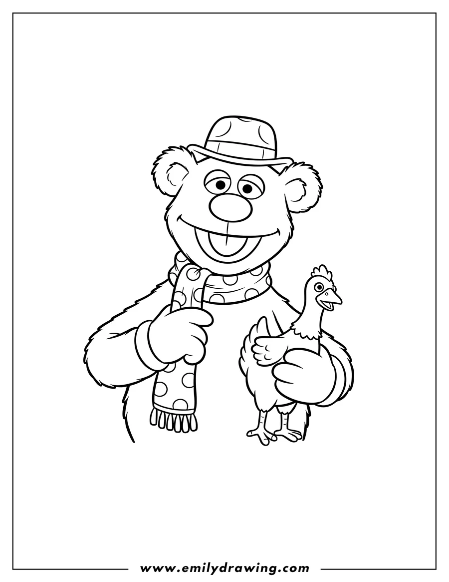 Coloring sheet featuring easy Fozzie Bear Outline, wearing a hat and polka-dotted scarf, smiling and adjusting his scarf