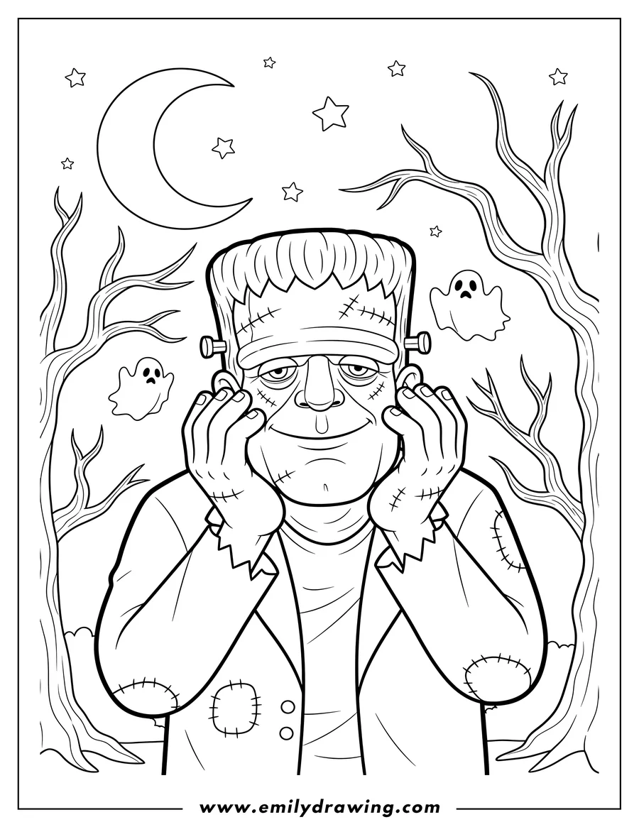 Black and white line art of scary Frankenstein Forest, with stitches and hands near his face