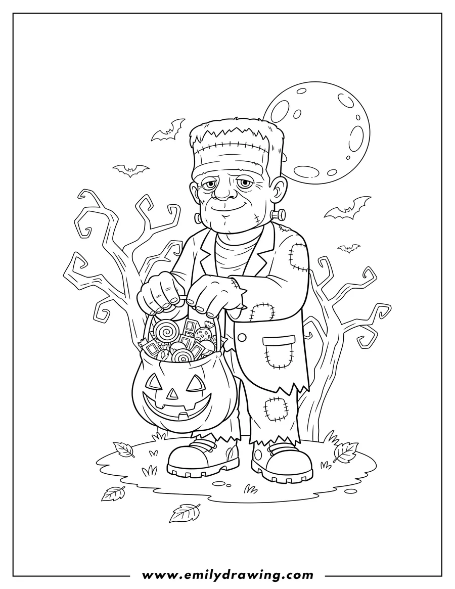 Downloadable coloring page of frankenstein holding a carved Jack O Lantern bag for trick or treating