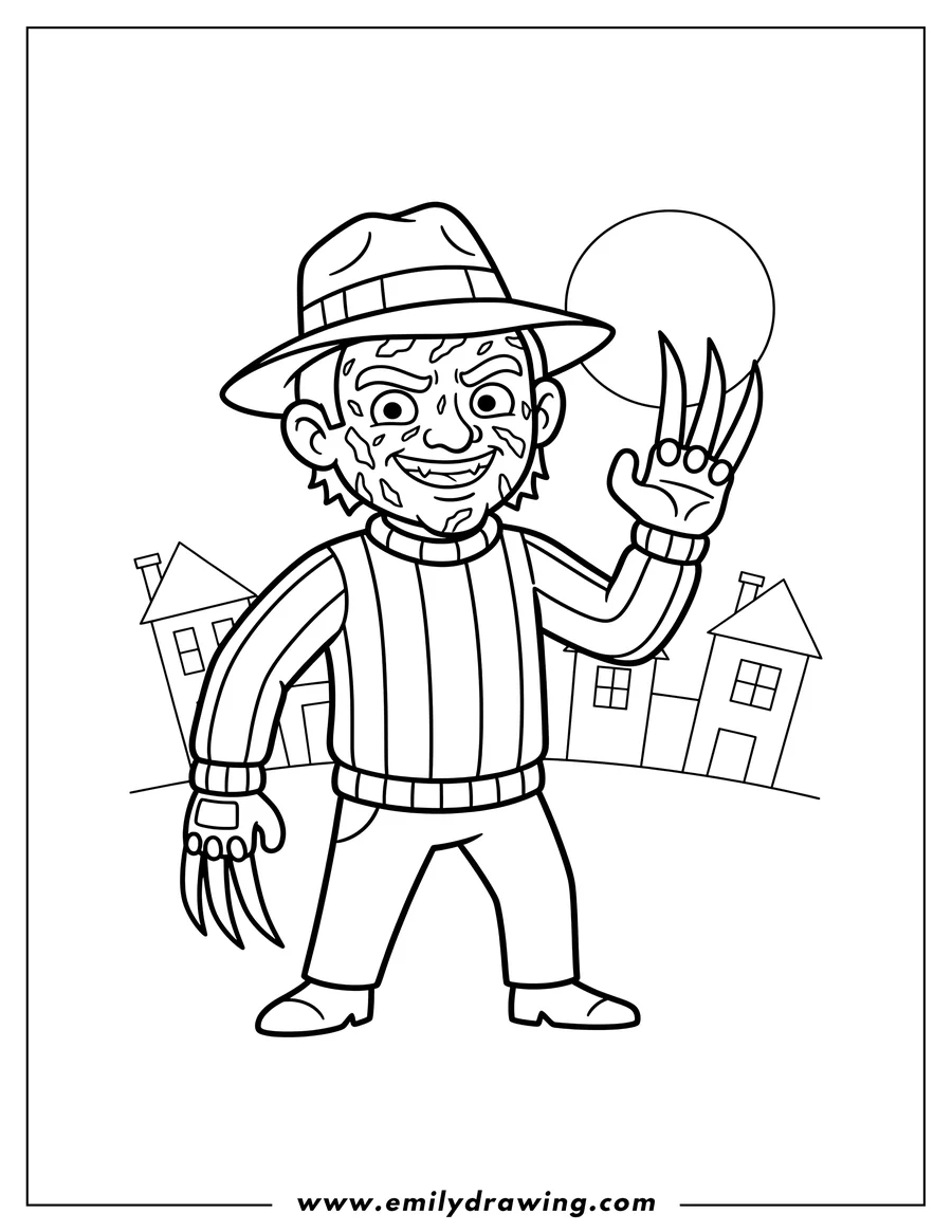 Simple sketch of horror Icon Freddy From Nightmare On Elm Street, with his fedora, scarred face, and clawed glove to color