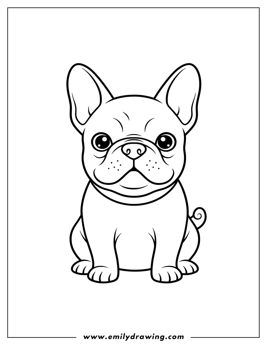 Coloring sheet featuring easy French Bulldog sitting and facing forward