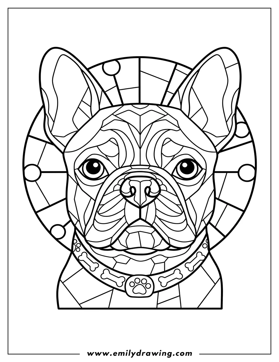 Vector style outline of french Bulldog Stained Glass Adults, bust facing forward