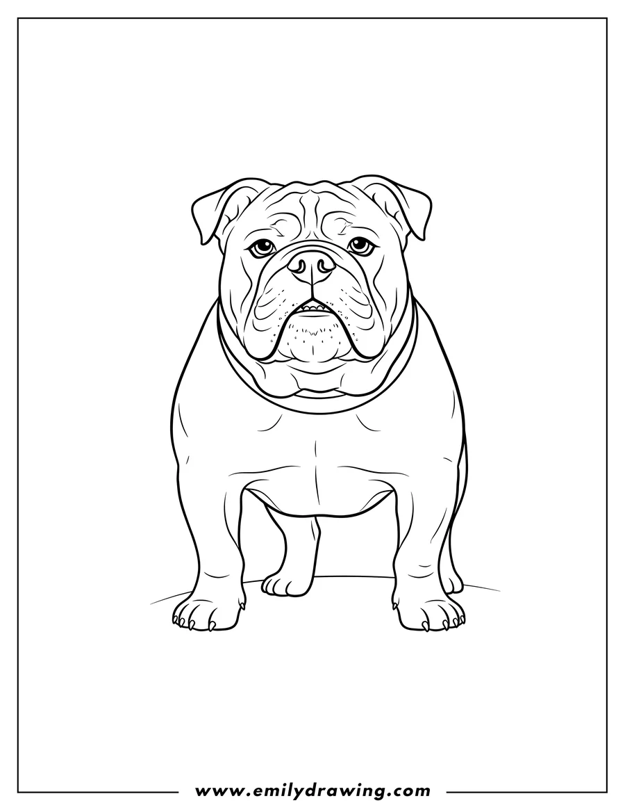 Linear illustration of friendly Adult Bulldog standing and looking forward