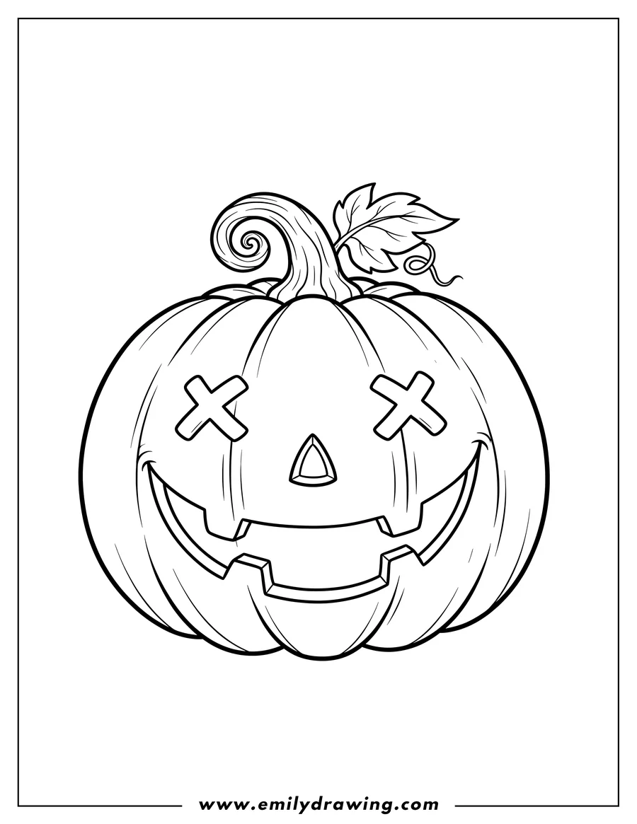 Printable line art of A friendly Jack O Lantern with cross eyes and a wide carved smile, with a curly stem