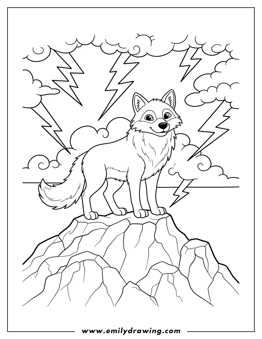 Clean line drawing: A friendly full-body wolf standing on a rocky mountain with lightning storm sky